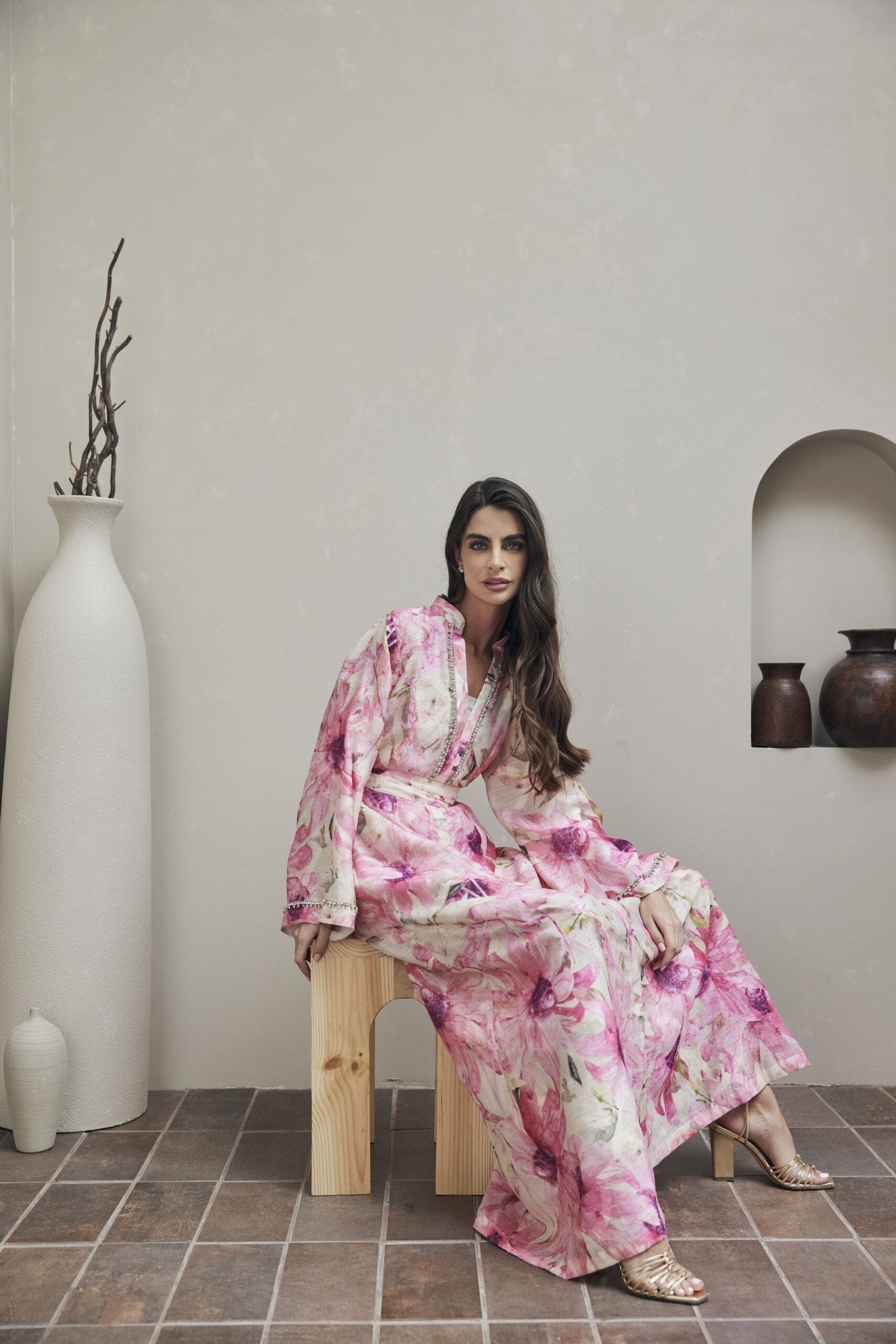 Floral organzia dress with crystals on the neckline